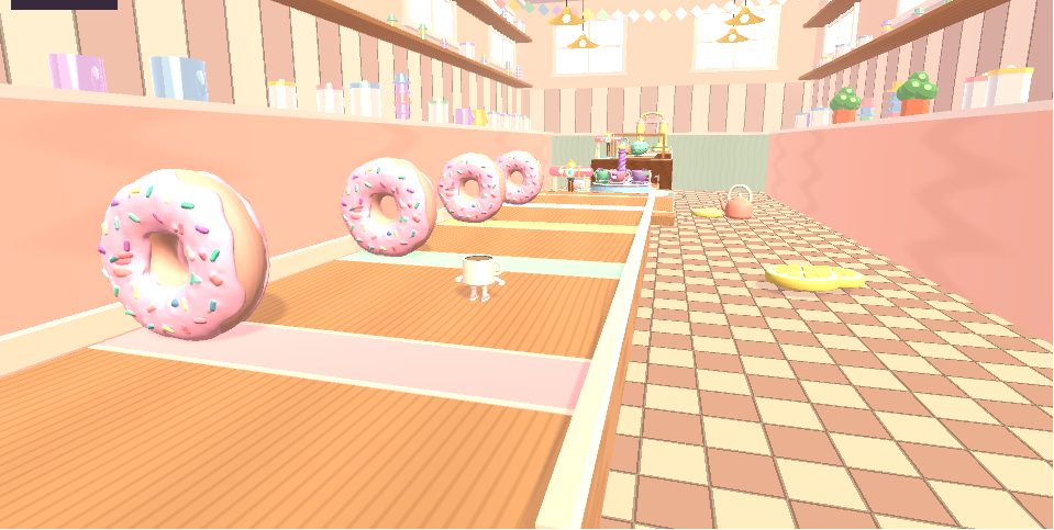 Giant donuts rolling across a café counter course