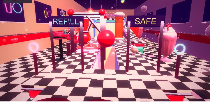A diner-themed course with a neon sign and a checkered floor
