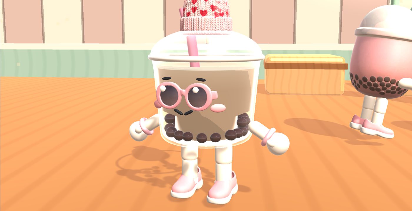 A boba cup character in pink glasses and a sprinkle hat, standing in a café